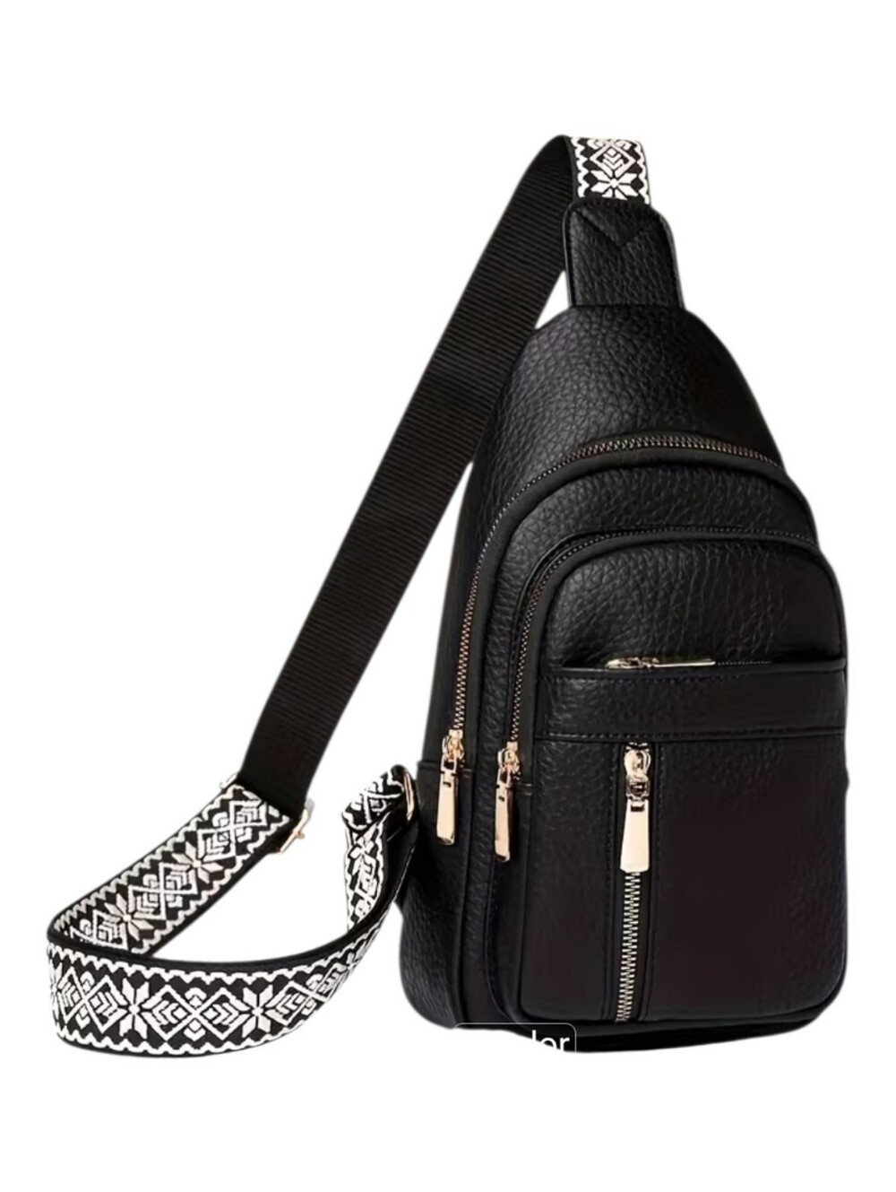 🍁Black Pu Leather Crossbody Sling Bag with Patterned Strap